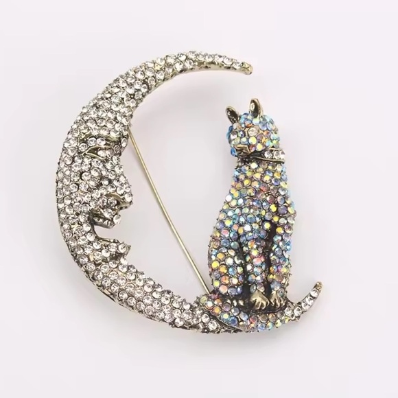Betsey Johnson Crystal Cat Moon Brooch - Picture 11 of 15